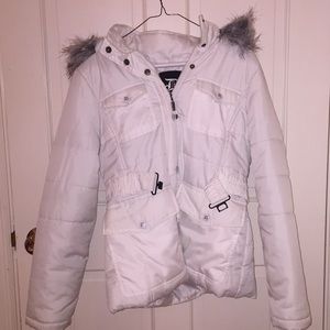 Puffy White Coat With Inside Zebra Striped Hood